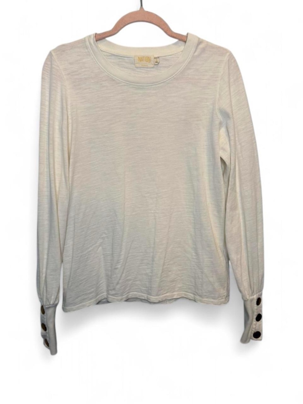 Nation LTD White Slub Cotton Puff Sleeve Top with Gold Button Cuffs Small Fall
